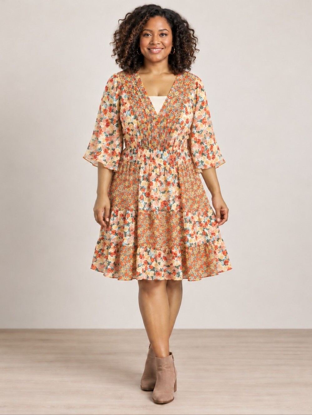 GiGiO Plus Floral Patchwork Smocked V-Neck Dress 1XL A374